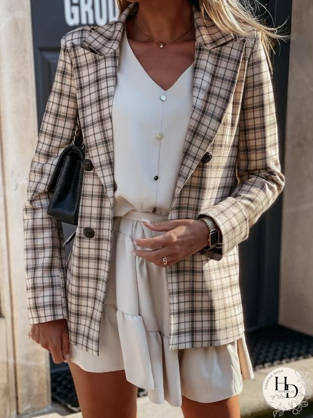 Blazers Lapel Check Pocket Button Blazer for Women