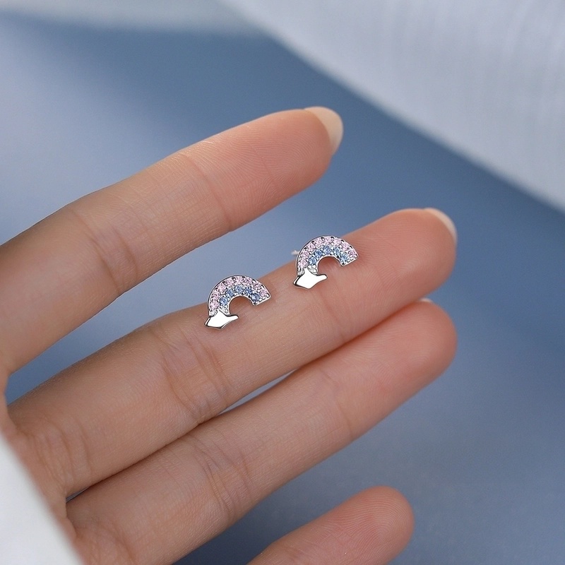 1 Pair 925 Sterling Silver Zircon 925 Sterling Silver Earrings Rainbow Ear Studs