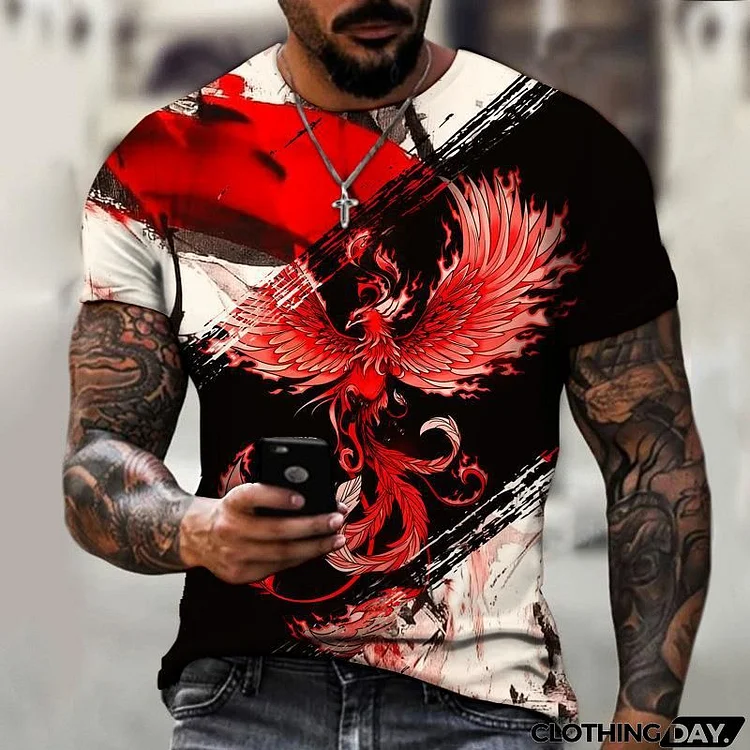 Men Fashion Casual Personalized Color Matching Phoenix 3D Printed Crew Neck Short Sleeve Plus Size T-Shirt