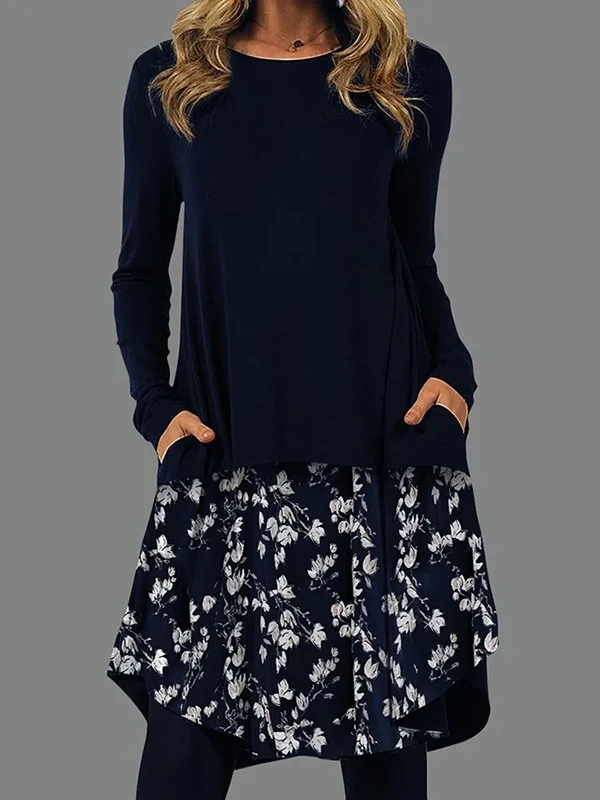 Casual Long Sleeves Loose Contrast Color Floral Printed Round-Neck Mini Dresses