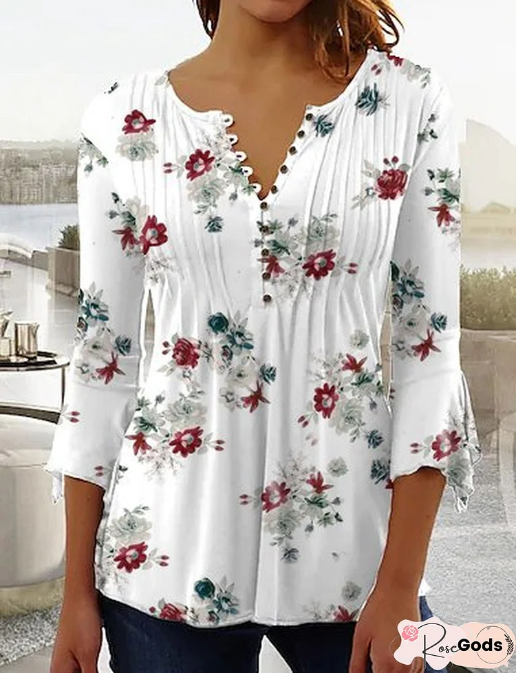 Casual Floral Autumn Lightweight Micro-Elasticity Regular Fit Jersey Three Quarter Regular Tops For Women