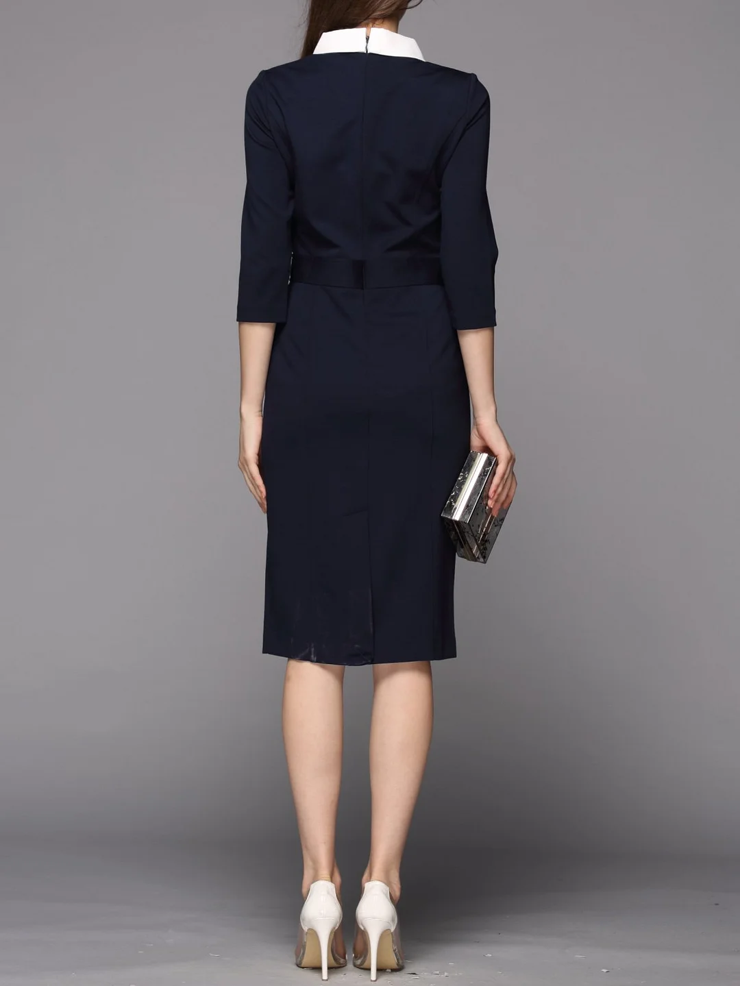 Stand Collar Midi Dress Sheath Daytime 3/4 Sleeve Pockets Dress