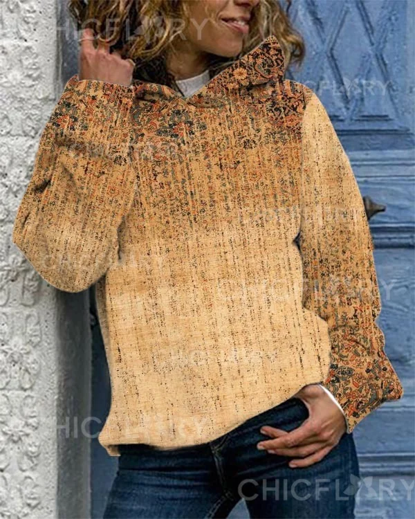 Vintage Ethnic Print Long Sleeve Hooded Sweatshirt