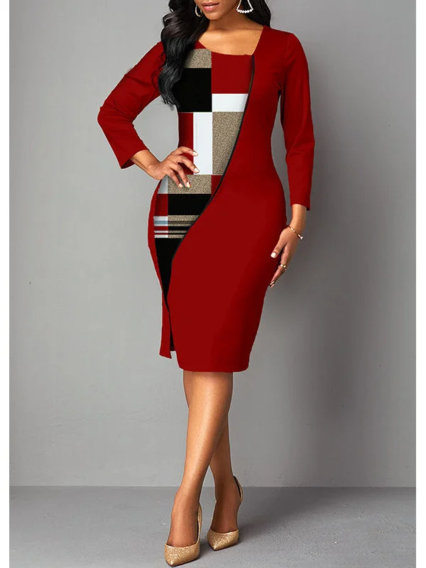 Women's Long Sleeve Scoop Neck Geometric Printed Midi Dress