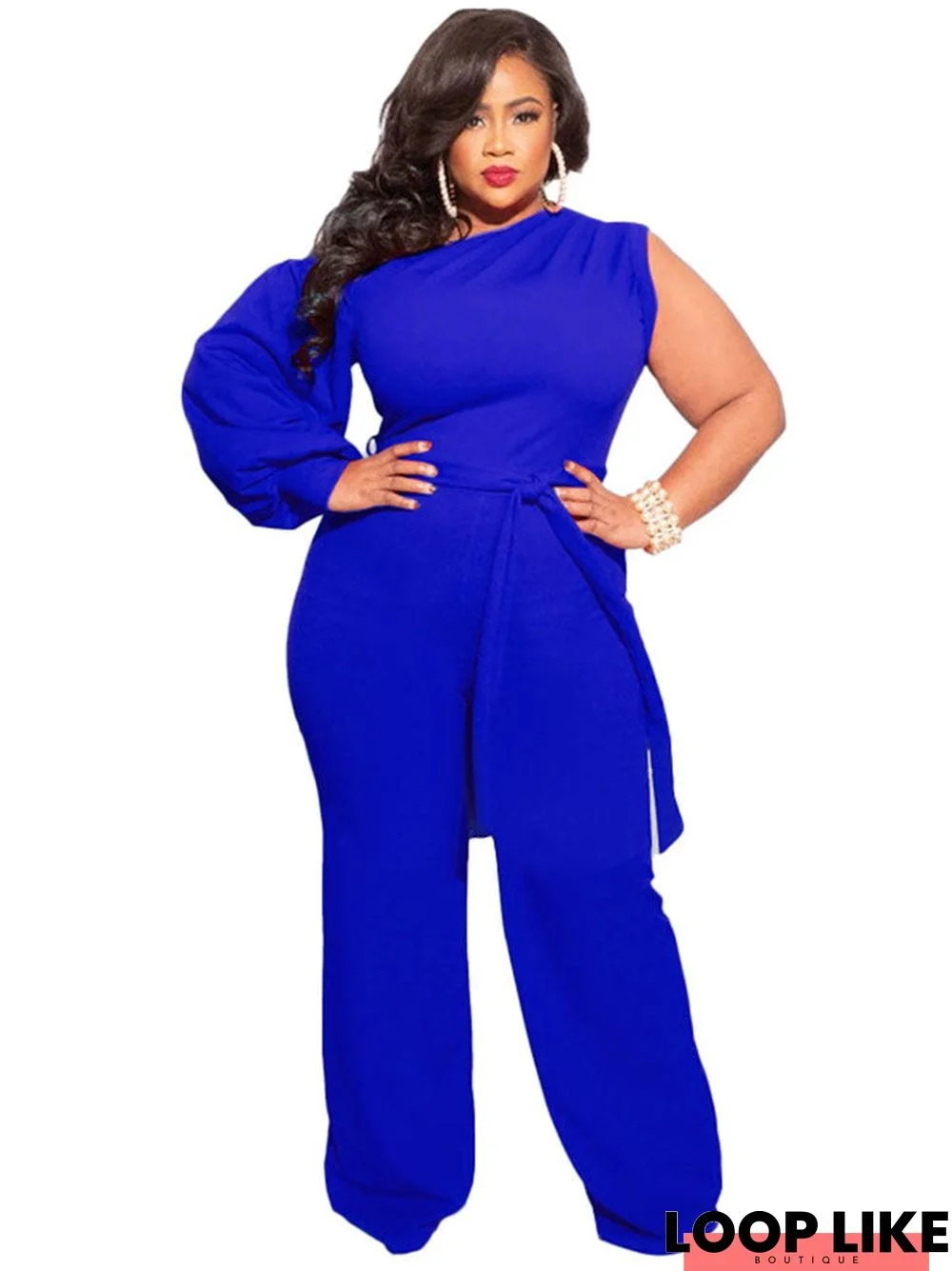 Plus Size Puff Sleeve Belted Wide Leg Pant Jumpsuits