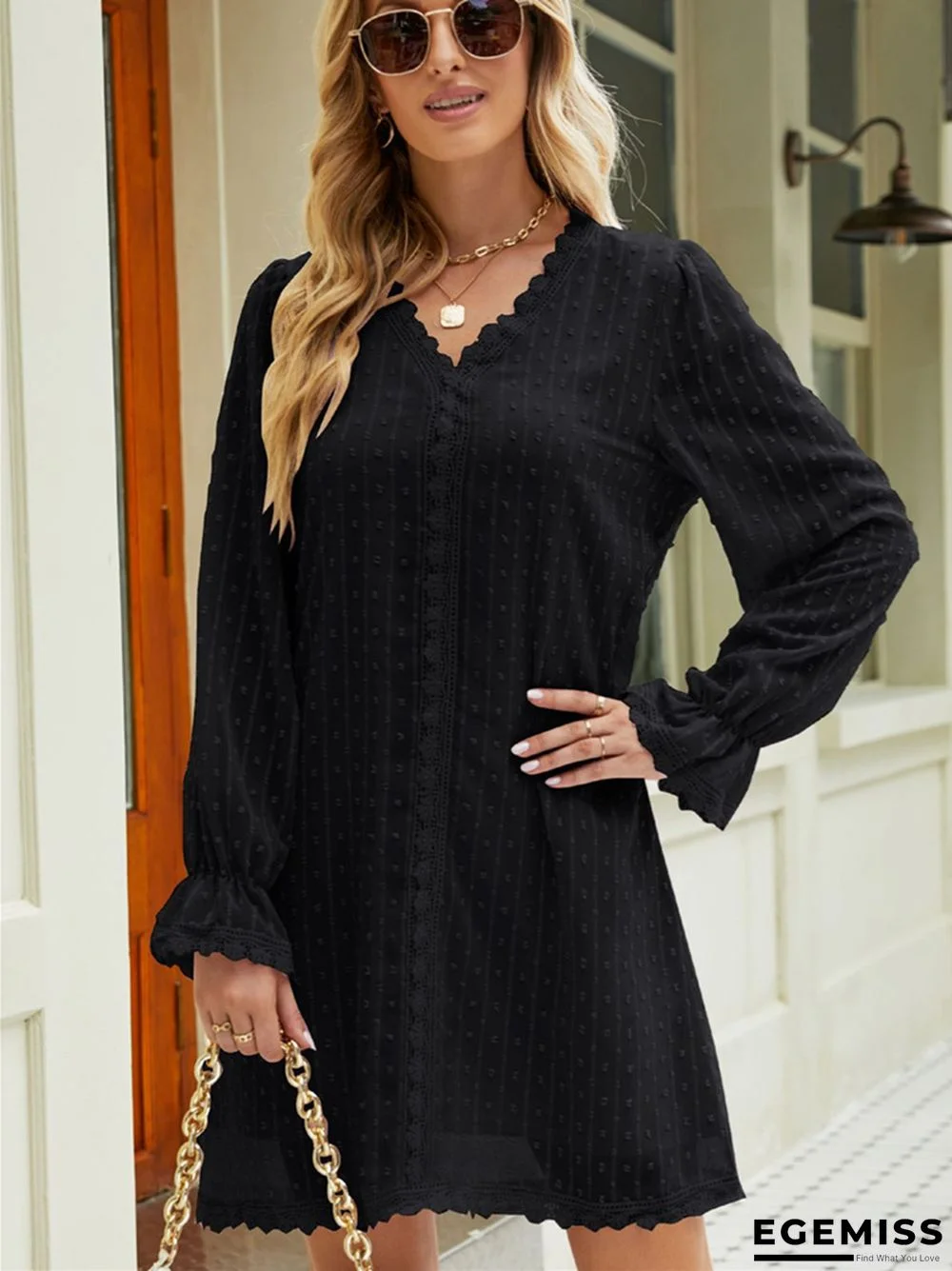 Casual Long Sleeve Solid Color Lace Chiffon V-neck Dress | EGEMISS