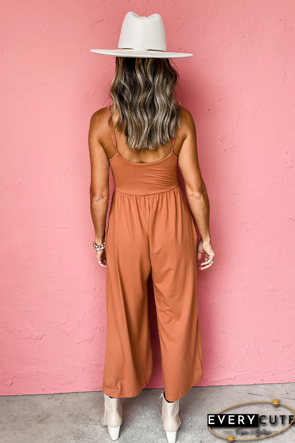 Orange Adjustable Spaghetti Straps Wide Leg Jumpsuit