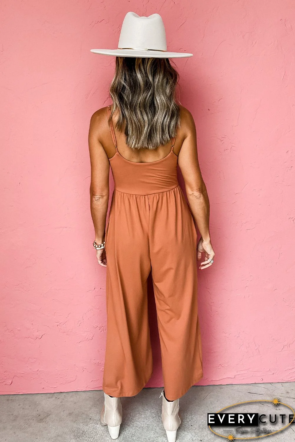 Orange Adjustable Spaghetti Straps Wide Leg Jumpsuit