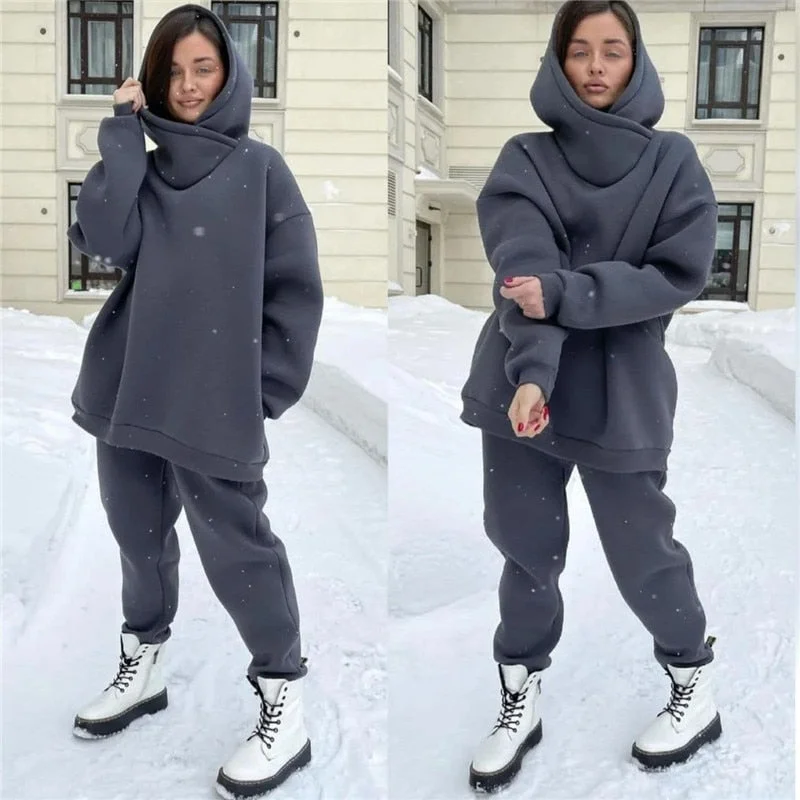 Women Tracksuit Autumn Winter Solid Fleece Warm Long Sleeve Hoodies Jogger Pants Two Piece Sets Oversized Casual Sportswear Suit