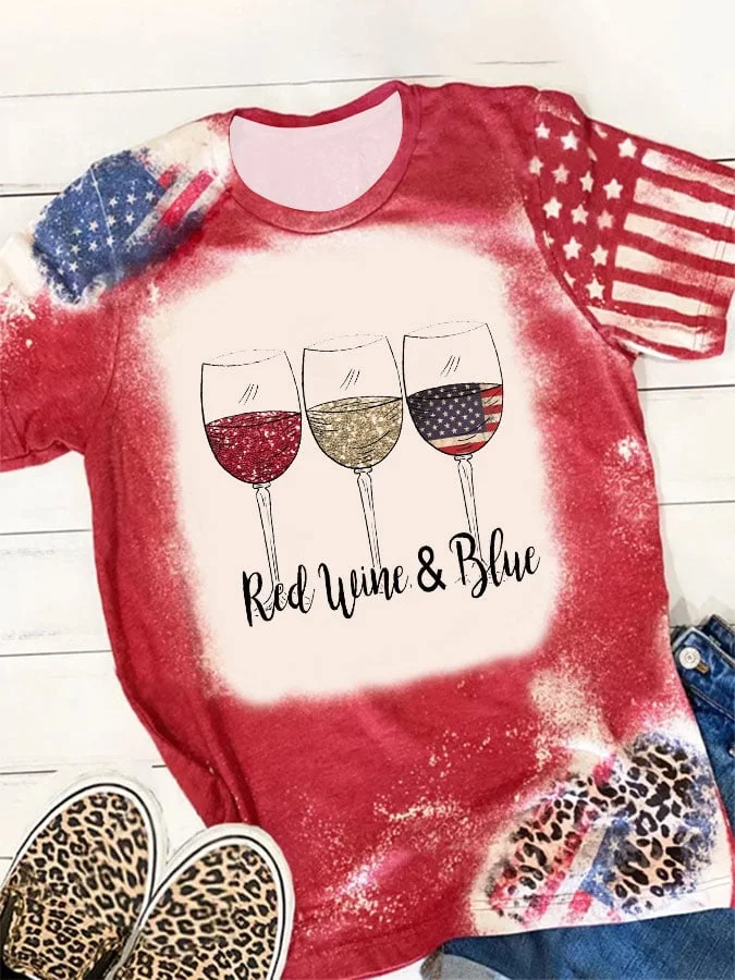 Women's Red Wine Blue Red Wine Glass Flag Print Crew Neck T-Shirt socialshop