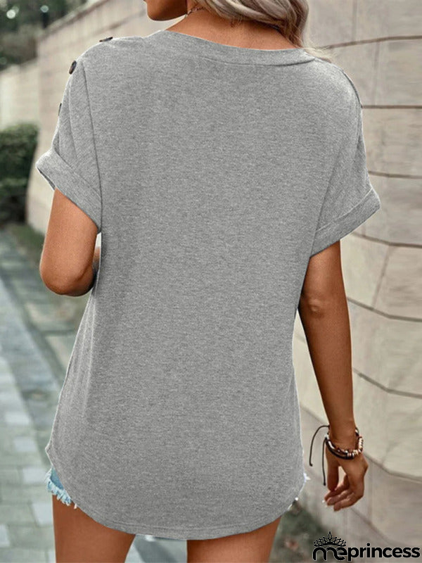 Solid Short Sleeve V-Neck Top with Buttons