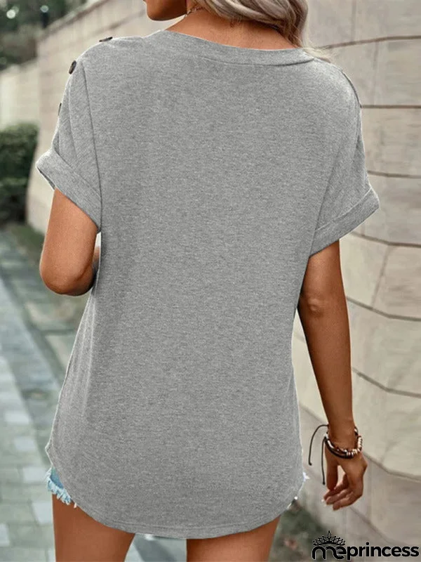 Solid Short Sleeve V-Neck Top with Buttons