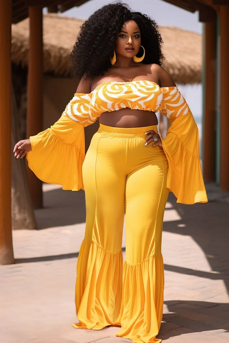 Xpluswear Design Plus Size Beach Yellow Spring Summer Off The Shoulder Flare Knitted Two Piece Pant Sets [Pre-Order]