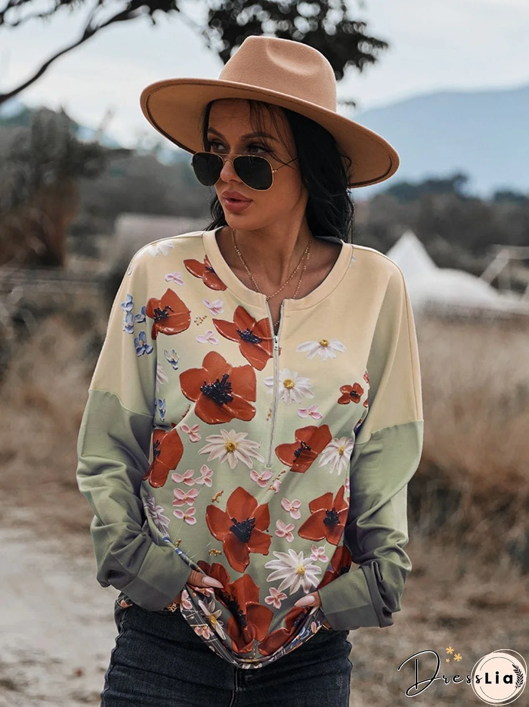 Floral Print Front Zipper Drop Shoulder Blouse