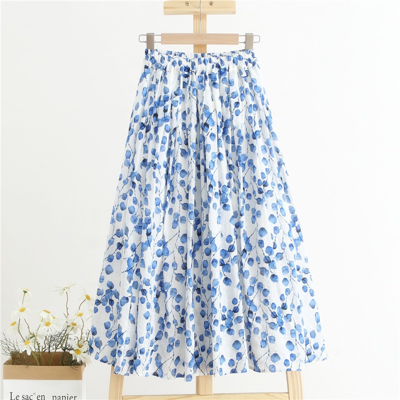 Sweet adient Blue Polka Dot High Waist Midi A-Line Skirt Design Slimming Loose Women's Faion Retro Print f-length Skirts