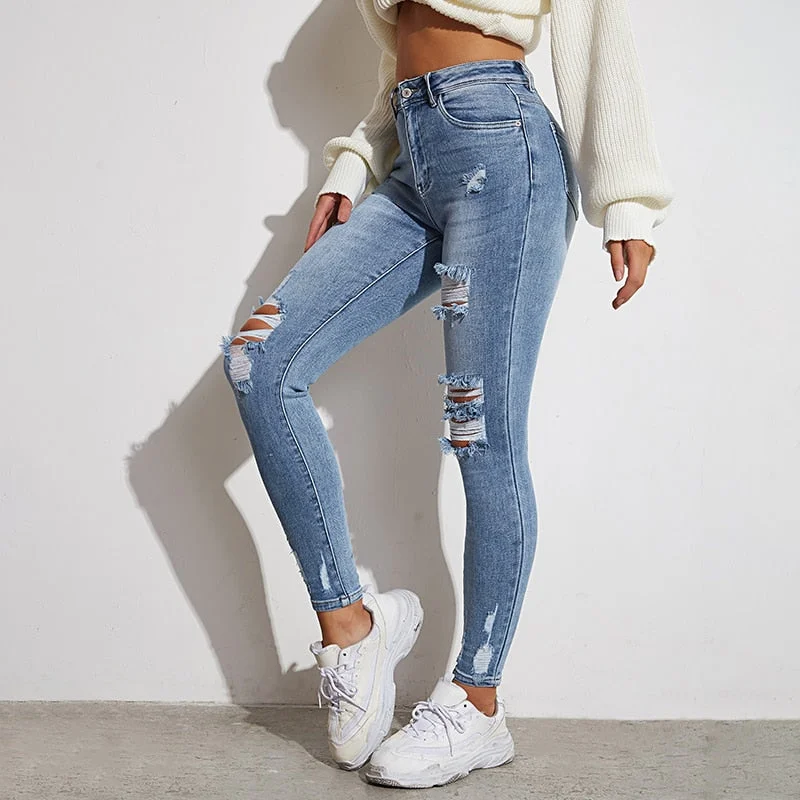 Graduation Gifts  Light Blue  Skinny Women Jeans Stretch Butt Lift Ripped Hole Denim Pants Lady Clothes Girls Tight Trousers Y2K Streetwear