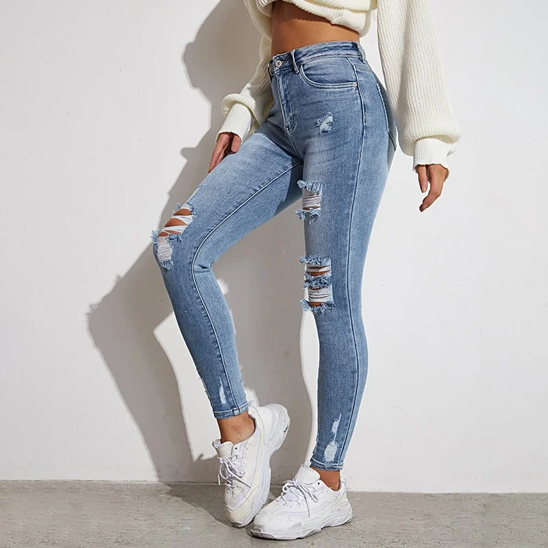 Light Blue Sexy Skinny Women Jeans Stretch Butt Lift Ripped Hole Denim Pants Lady Clothes Girls Tight Trousers Y2K Streetwear