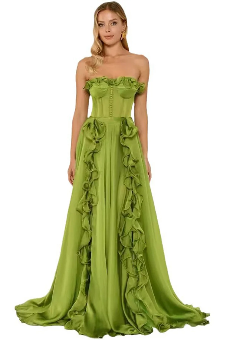 Evening Gown Green Strapless Ruffle Slit Maxi Dress