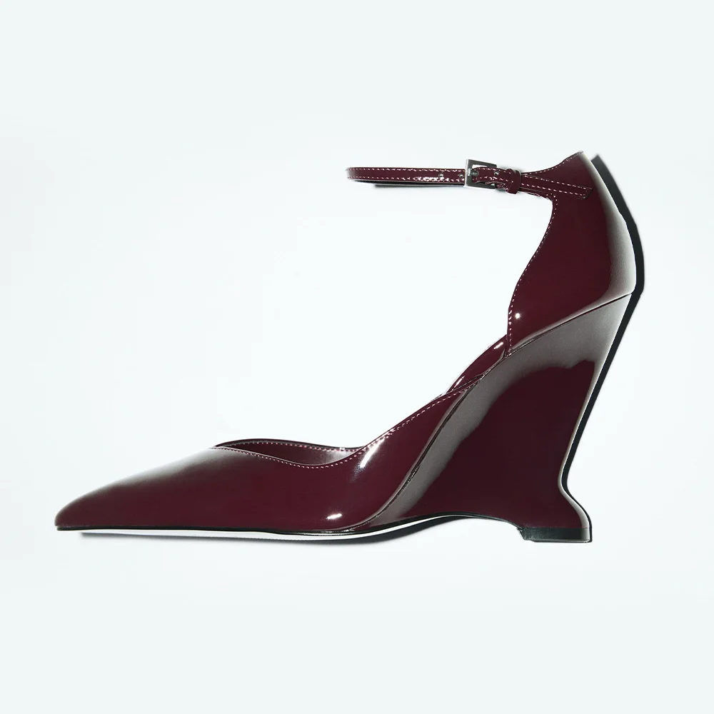 Simple Maroon Pointed Toe Ankle Strap Wedge Heel Pumps for Women