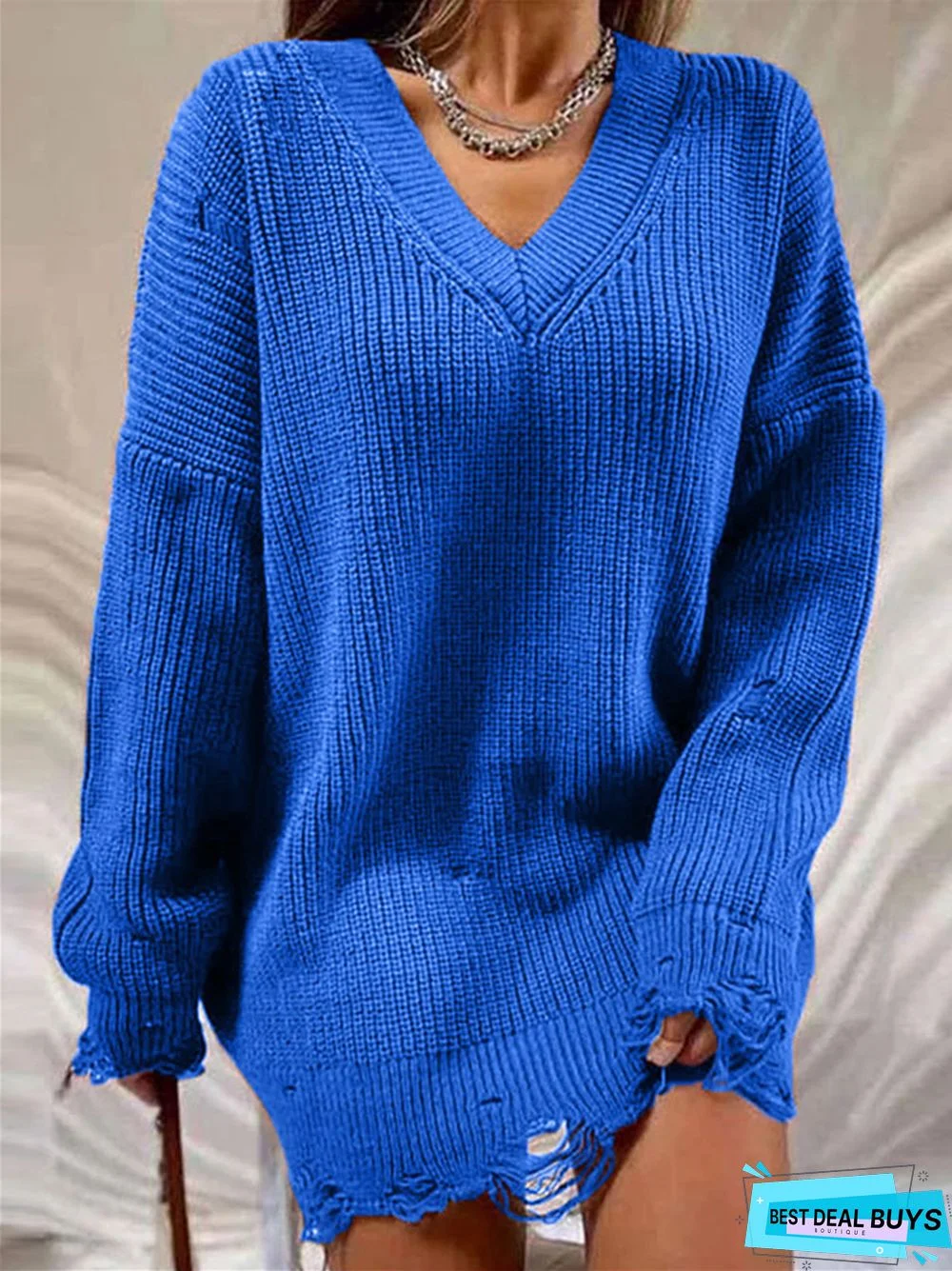 Temperament Commuting Long Sleeve Round Neck Thick Needle Hem Irregular Knitting Sweater Dress