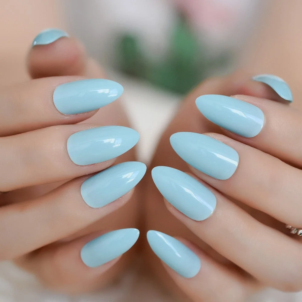 Sky Blue Fake Nails Glossy Medium Stiletto Press On Nails Full Cover Stick On False Nail Sharp Tips Solid Color Manicure Tools-Nail Inspo