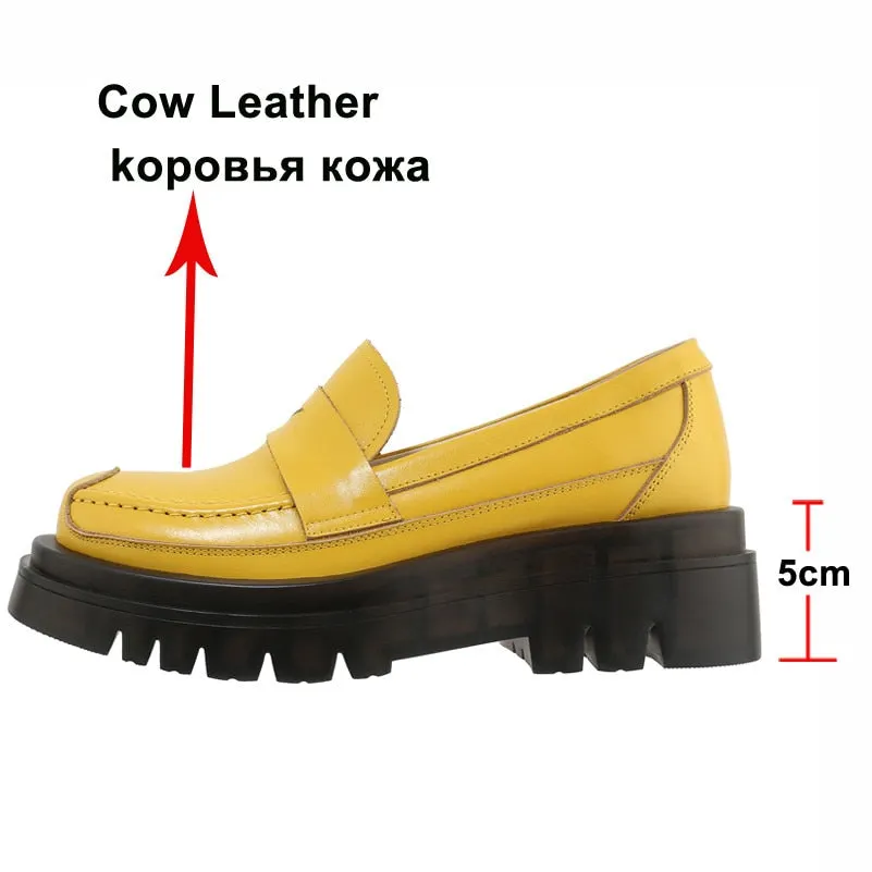 Meotina Loafers Shoes Woman Natural Genuine Leather Flat Platform Shoes Round Toe Casual Flats Female Footwear Spring Black 42