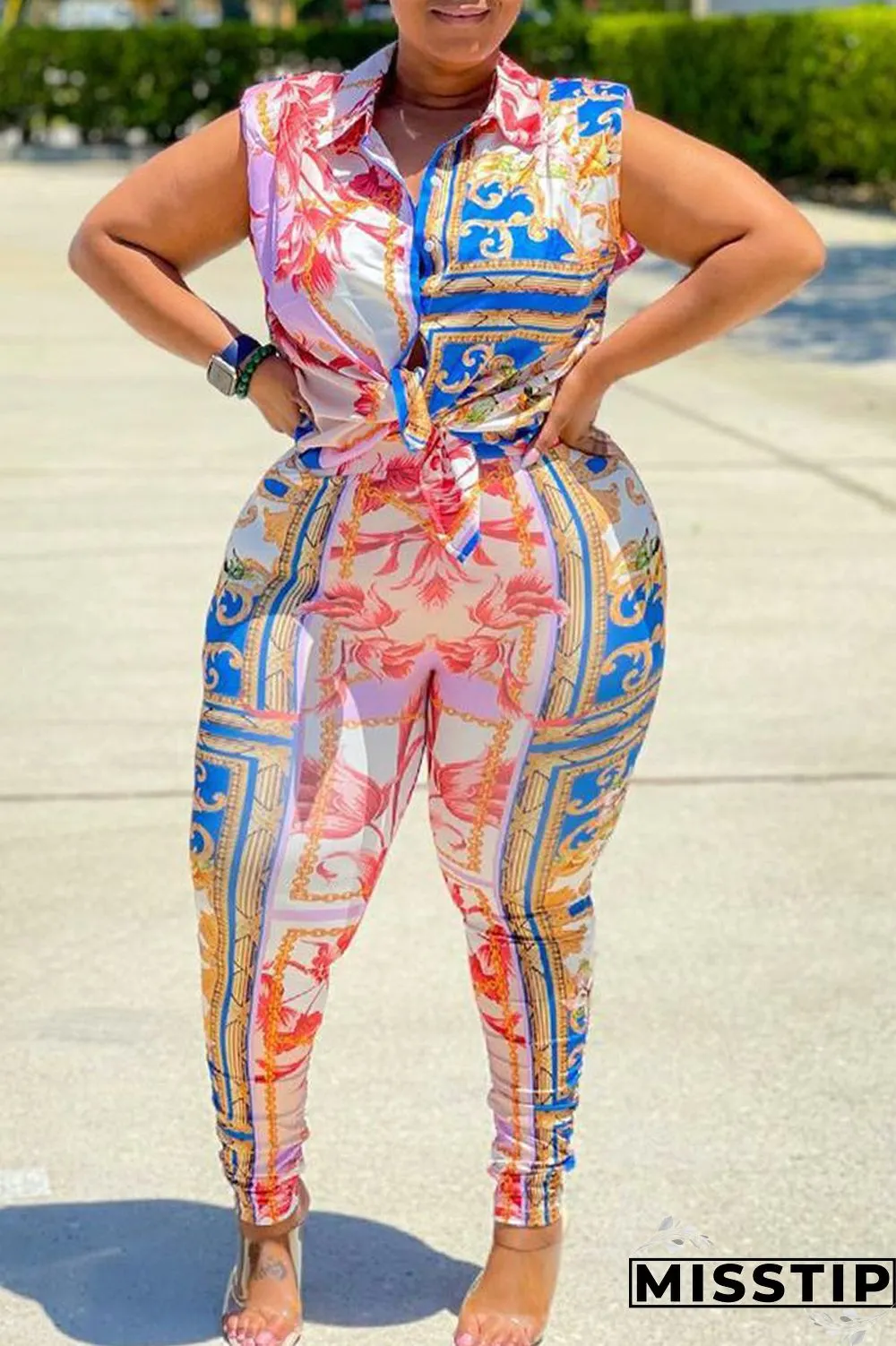 Blue Sexy Print Patchwork Turndown Collar Sleeveless Two Pieces