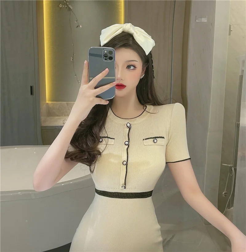 Uveng Uveng Summer New Korean Version Of The New Temperament Small Fragrant Fashion Slim Slimming High-Waist Short-Sleeved Dress