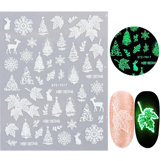 Nail Stickers Back Glue Fluorescent Light Christmas Snowflake Animal 3D Designs Nail Decal Decoration Tips For Beauty Salons-Nail Inspo
