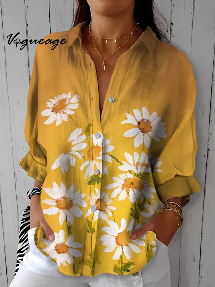 Bright Gentle And Elegant Watercolor Daisy Printed Cotton And Linen Shirt