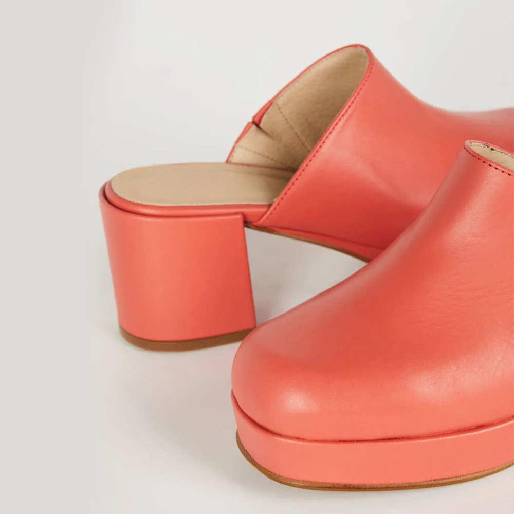 Women's Round Toe Chunky Heel Slip On Mules Shoes in Salmon