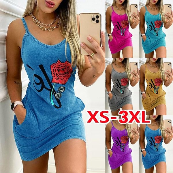 New Summer Women's Fashion Casual Sleeveless Floral Prited Halter Dress With Pockets Sexy V-Neck Party Club Mini Tank Top Dresses Ladies Plus Size Cami Dress - BlackFridayBuys
