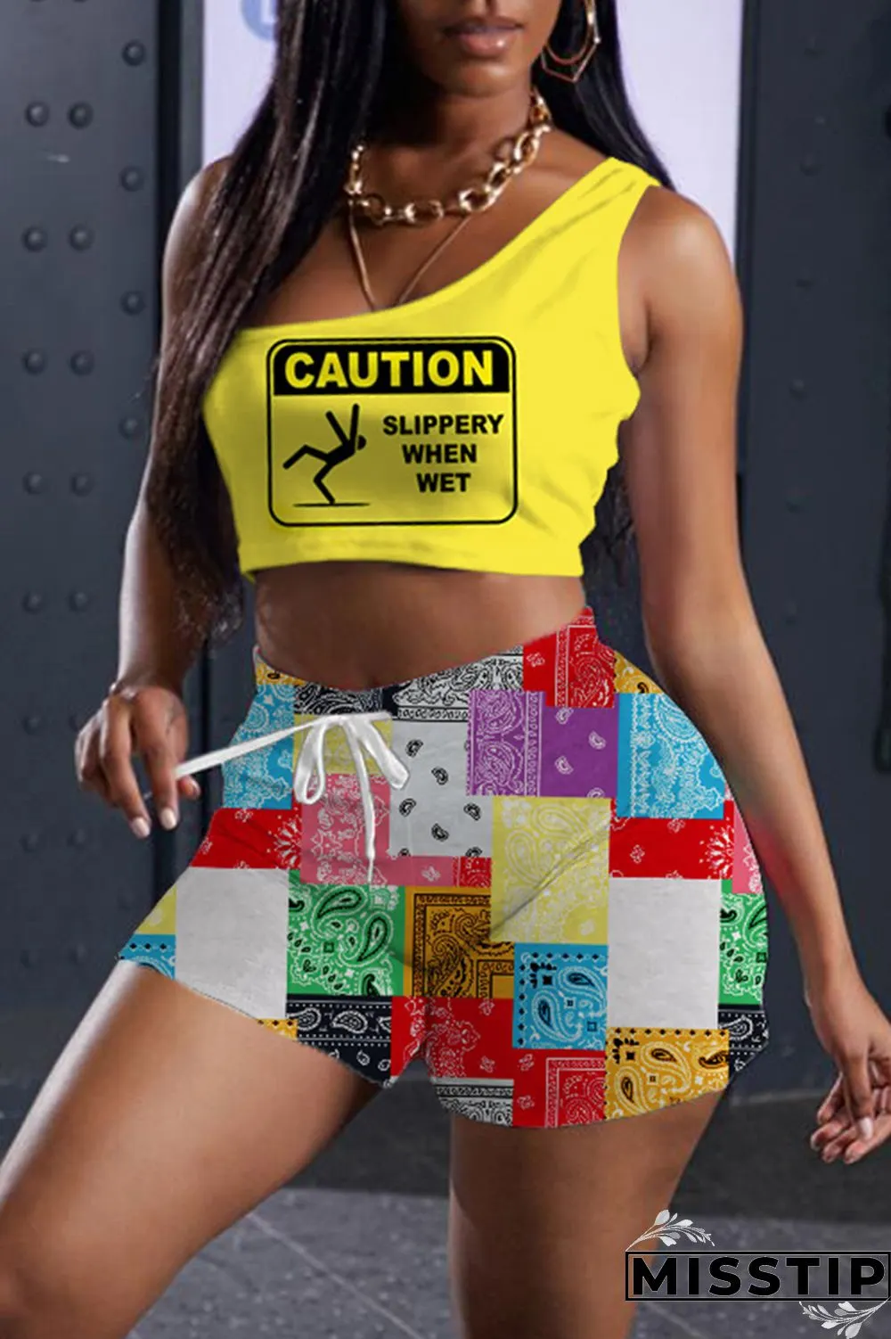 Red White Fashion Casual Print Basic One Shoulder Sleeveless Two Pieces