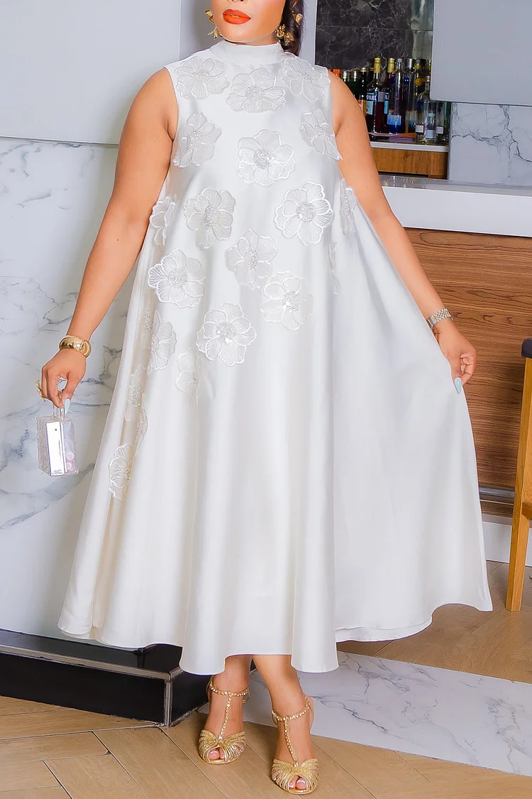 Plus Size Vacation White Sundress Round Neck 3D Pocket Midi Dresses [Pre-Order] 2024 - Xpluswear