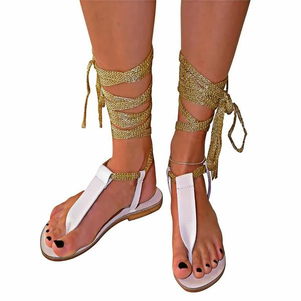 Women's White and Golden Open Toe Comfortable Strappy Thong Sandals |FSJ Shoes