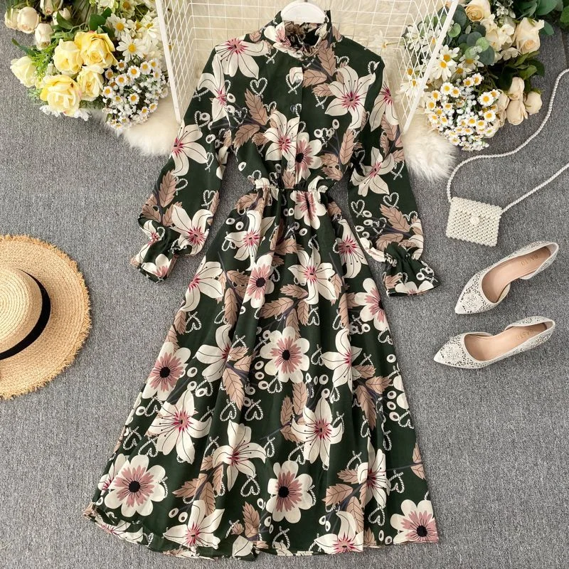 Floral Long-Sleeve Midi A-Line Dress YP1944
