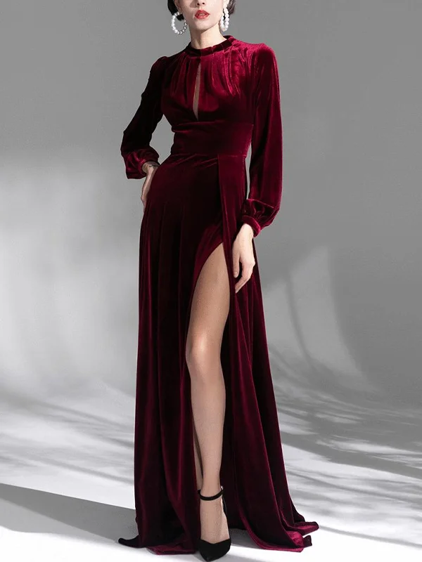 Burgundy Vintage Velvet Long Slim Fit French Elegant Evening Dress