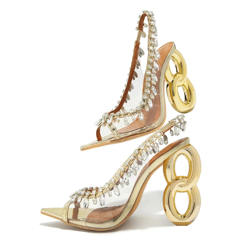Gold & Clear Opened Pointed Toe Rhinestone Slingback Sandals With Decorative heels Nicepairs