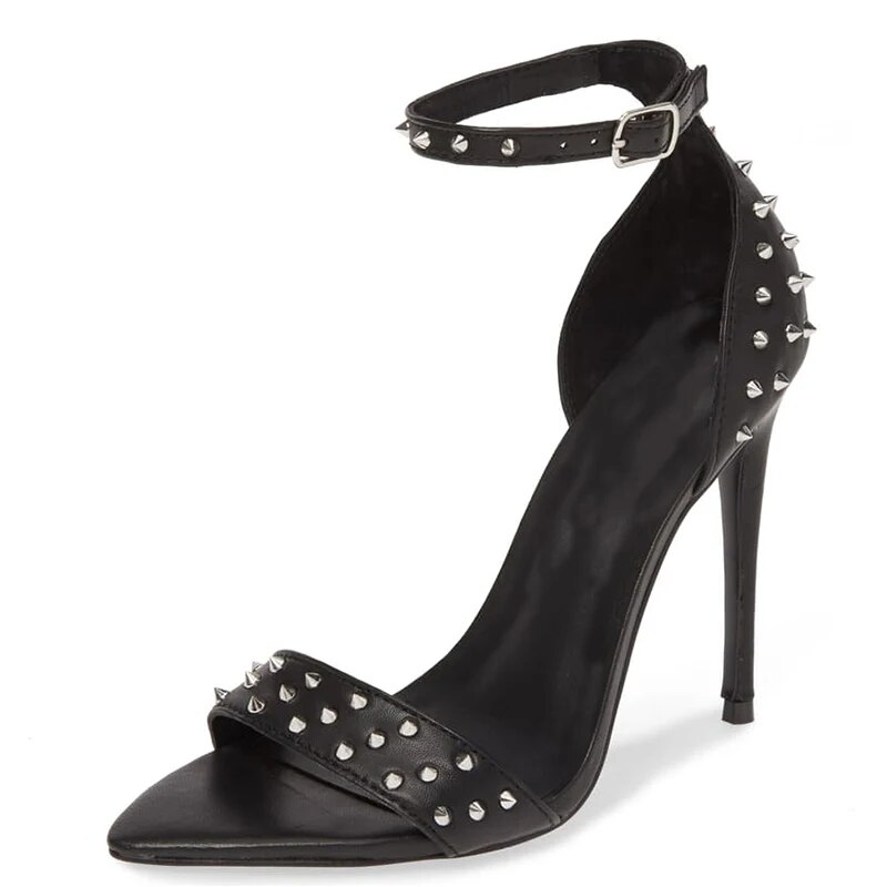 TAAFO Black Rivets Ankle Buckle Strap Sandals Woman High Thin Heels Stilettos For Ladies Shoes Party