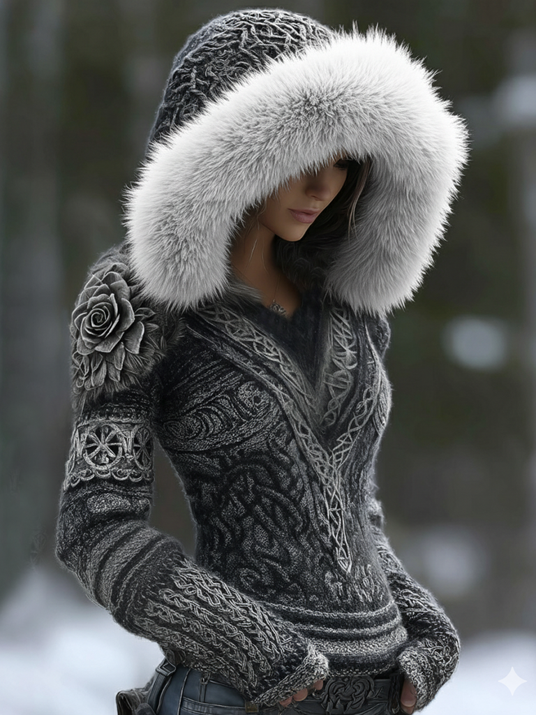 Women's Viking Celtic Knot With Rose Art Winter Warmth Knit Fur Hooded Sweater elevenforest