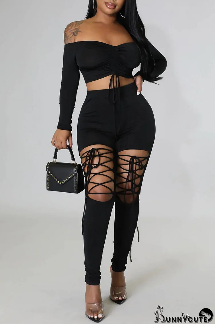 Black Sexy Solid Bandage Hollowed Out Patchwork Off the Shoulder Long Sleeve Two Pieces