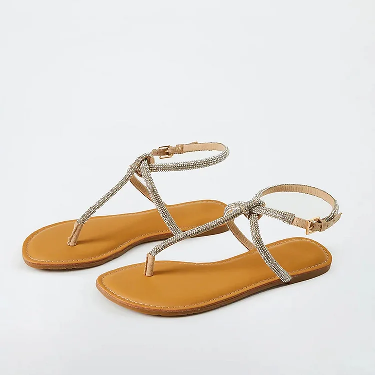 Beige Open Toe Flat Shoes Women'S Classic Rhinestones Thong Sandal Ankle Strap Flats |FSJ Shoes