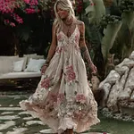 Women's Vintage Pink Rose Art Comfy Maxi Dress - Image 2