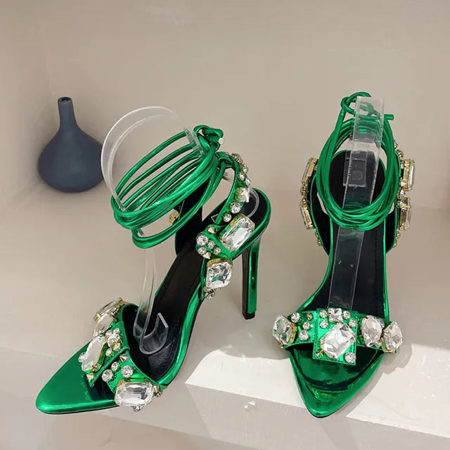 Liyke Sexy Ankle Strap Golded Sandals Women Party Nightclub Stripper Heels High Quality Crystal Diamond Pointed Toe Wedding Shoe LANFUBEISI