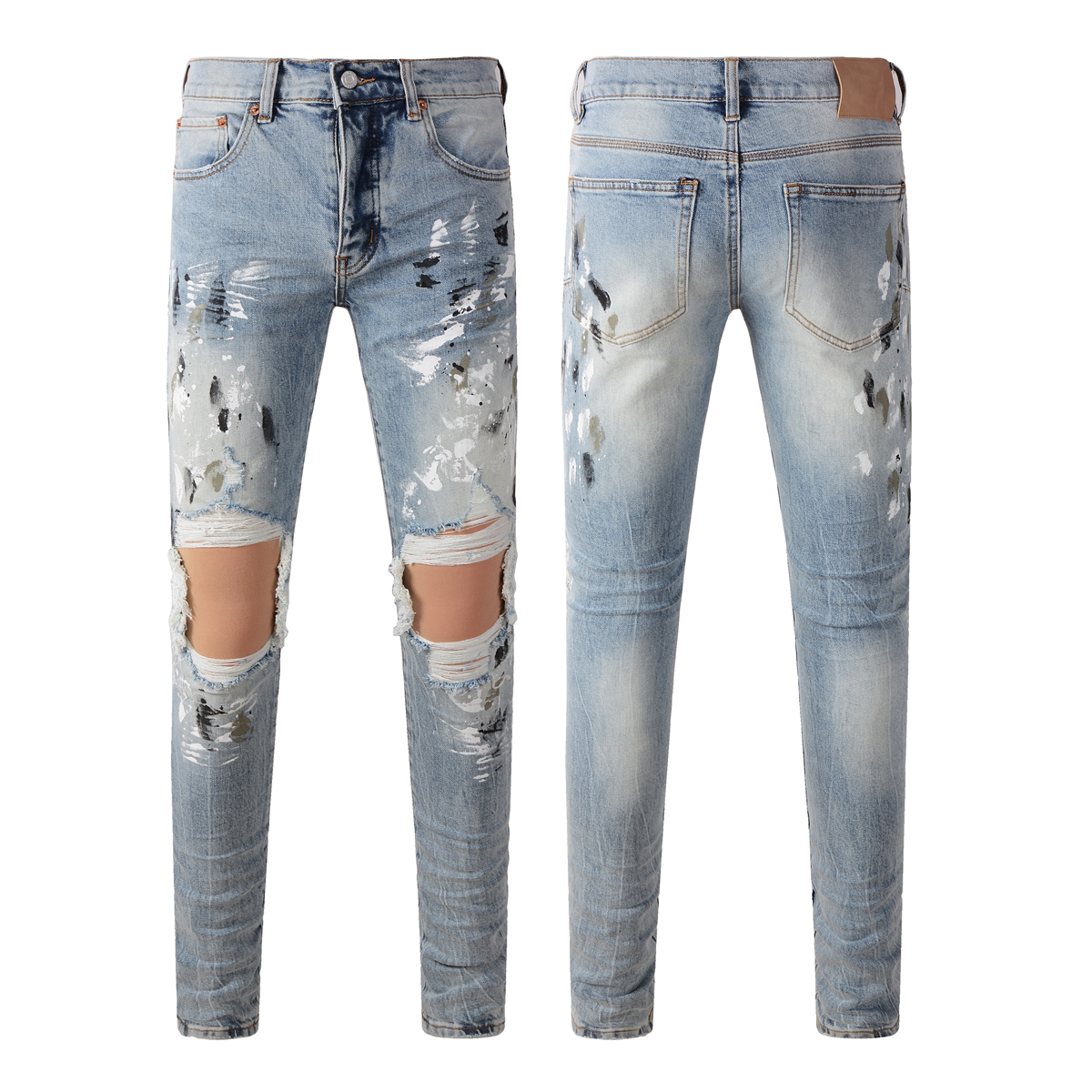 Bonushow American High Street brand purples Jeans Men fashion Retro wash Distressed Elastic Skinny Jeans Button Fly Ripped Pants Trousers