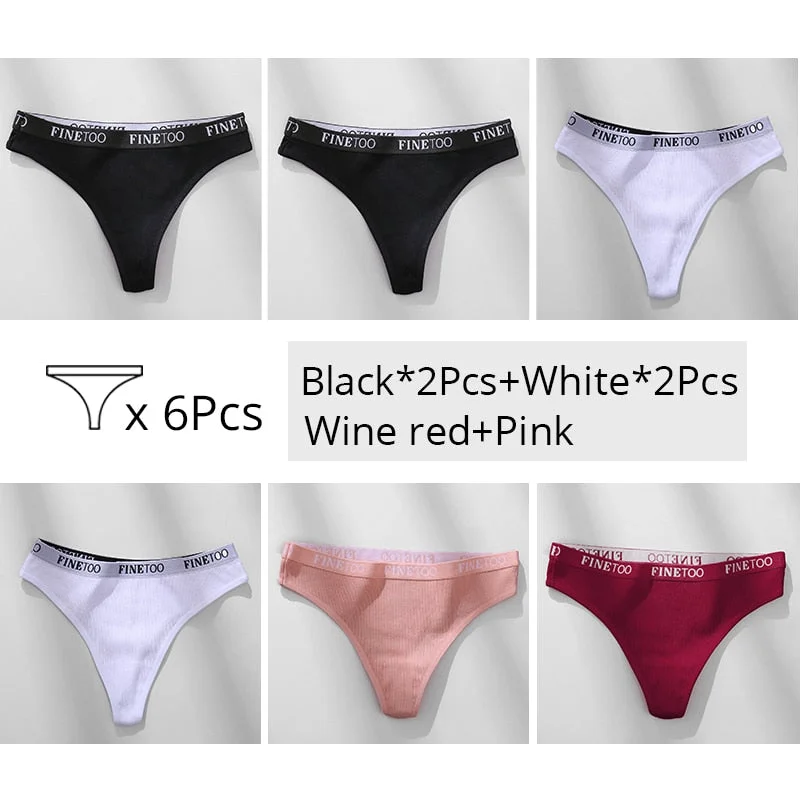 FINETOO Trendy Letter Thongs Cotton G-string Underwear M-XL Girls Bikini Underpants Comfortable Thong Panties 6Pcs Female Panty