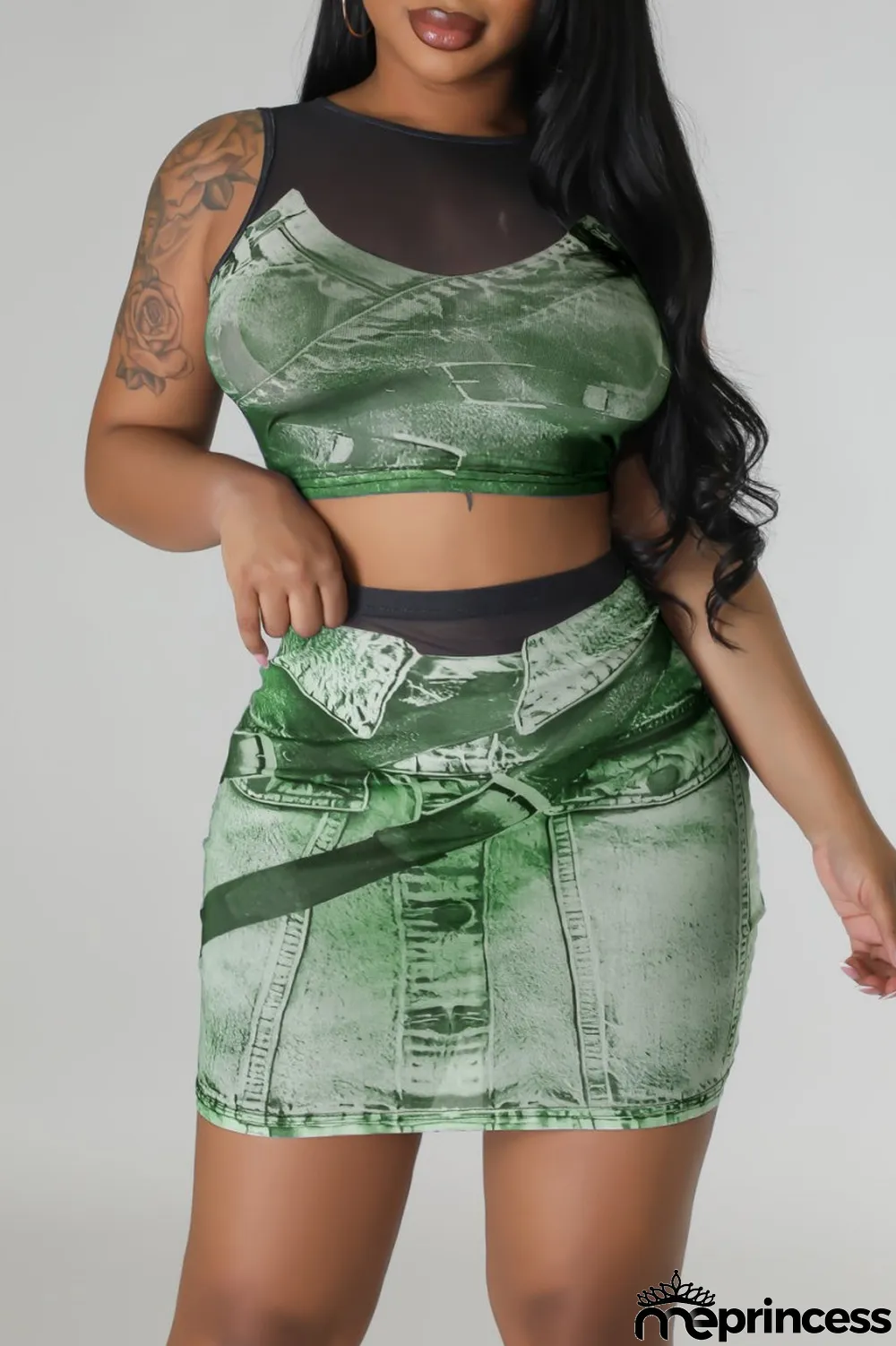 Blue Sexy Casual Print Patchwork O Neck Sleeveless Two Pieces