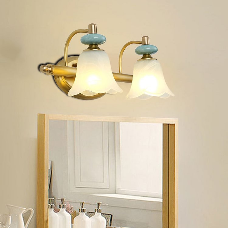 Modernism Armed Vanity Light Metal 2/3 Heads Wall Mounted Lamp in Brass with Flower Milk Glass Shade