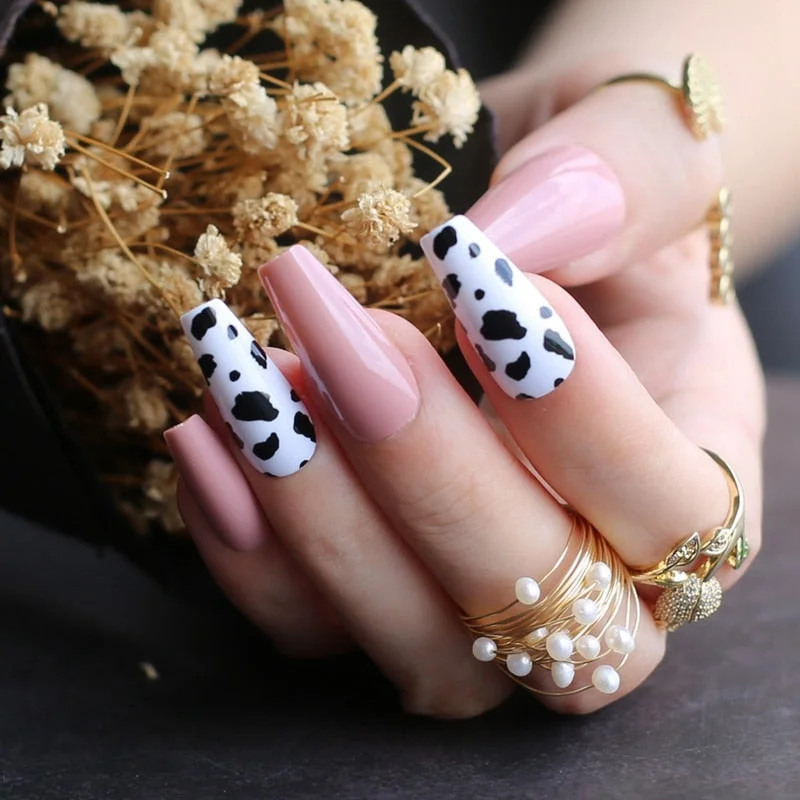 Black white mix and match cow print fake nails Medium coffin false nail UV design gel popular Black spots-Nail Inspo