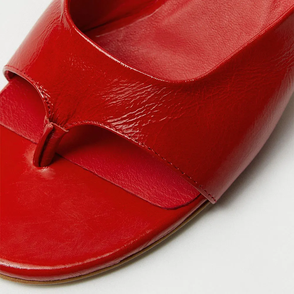Red Faux Leather Round Toe Slip On Flip Flops Heeled Mules